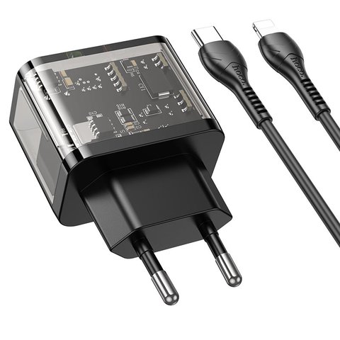 Сетевое зарядное устройство Hoco N34, 20 Вт, Power Delivery (PD), черный, прозрачный, c кабелем USB тип-C к Lightning для Apple, 2 порта, #6931474799173 Превью 1