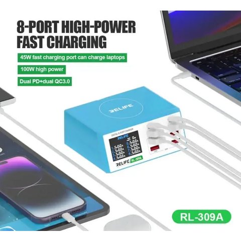 Mains Charger RELIFE RL-309A, (100 W, Power Delivery (PD), with LCD, 8 ports) Preview 1