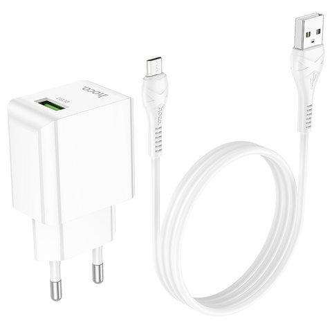 Сетевое зарядное устройство Hoco C98A, 18 Вт, Quick Charge, белый, с micro-USB кабелем тип-В, 1 порт, #6931474766861 Превью 1